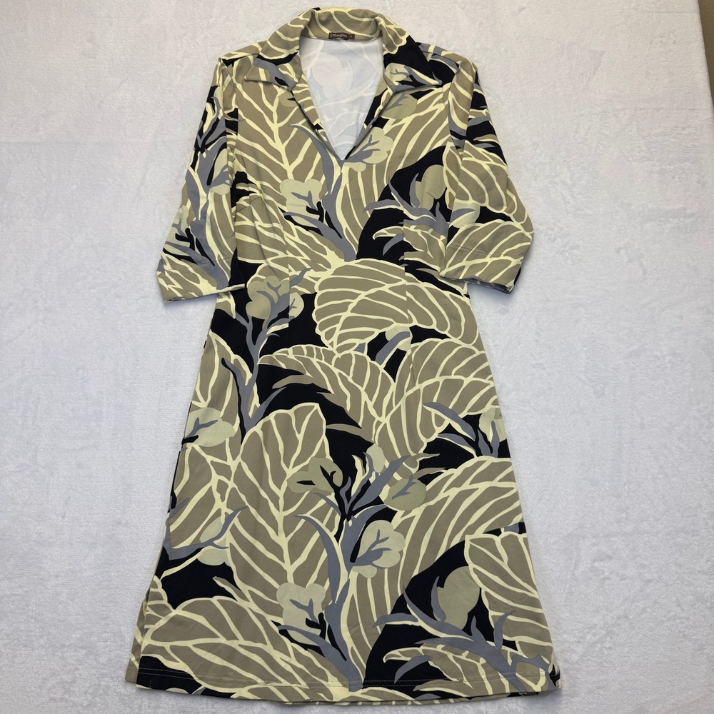 J.McLaughlin Womens Small Green Leaf Print V-Neck 3/4 Sleeve Shift Dress